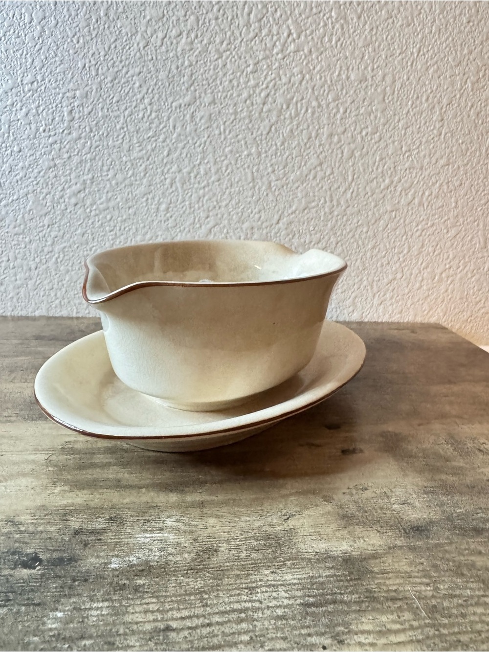 Vintage Cream Glaze Gravy Boat & Underplate | Brown Trim - Picture 12 of 14